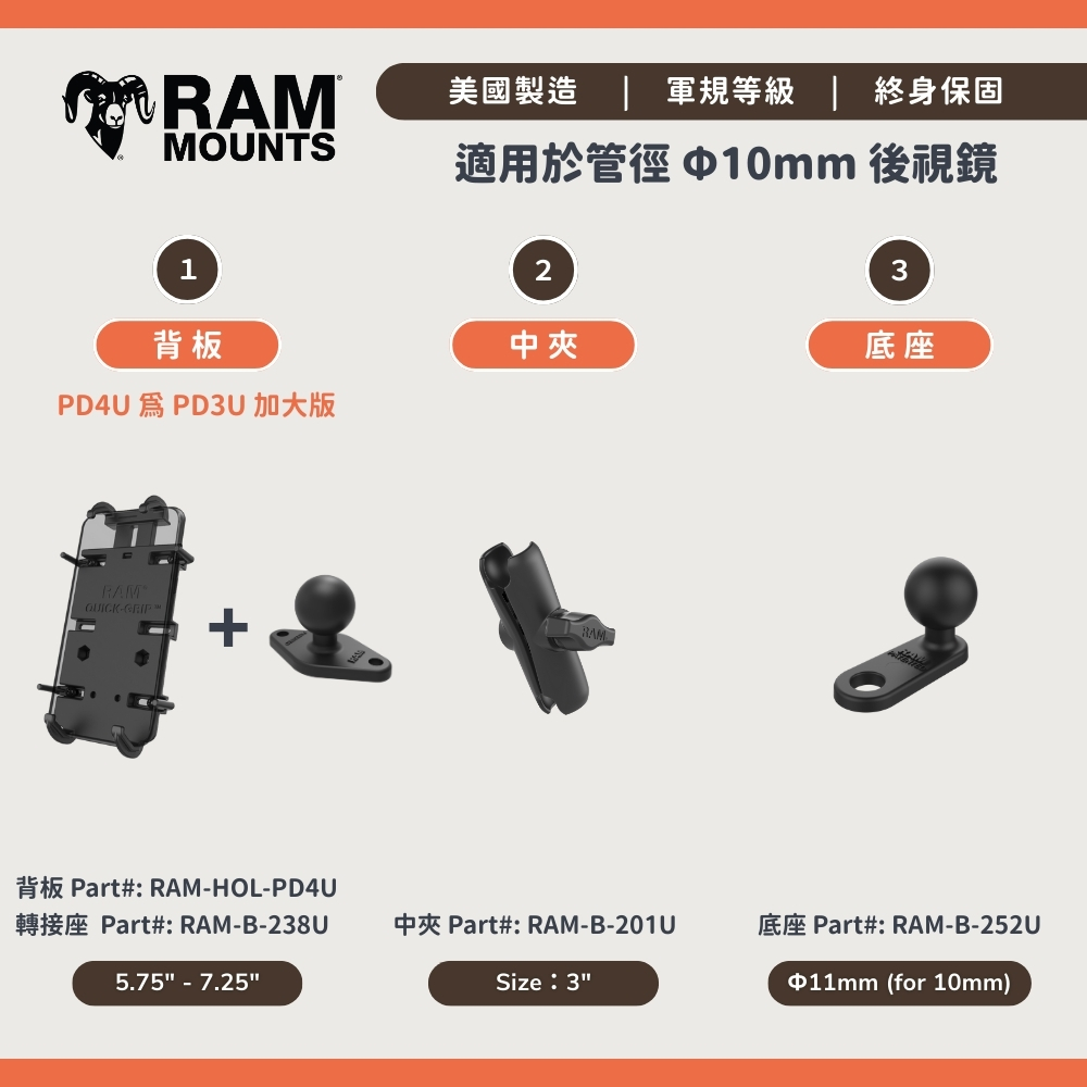 Essence Series - RAM® Quick-Grip™ 手機支架套組 - 適用於10mm後視鏡