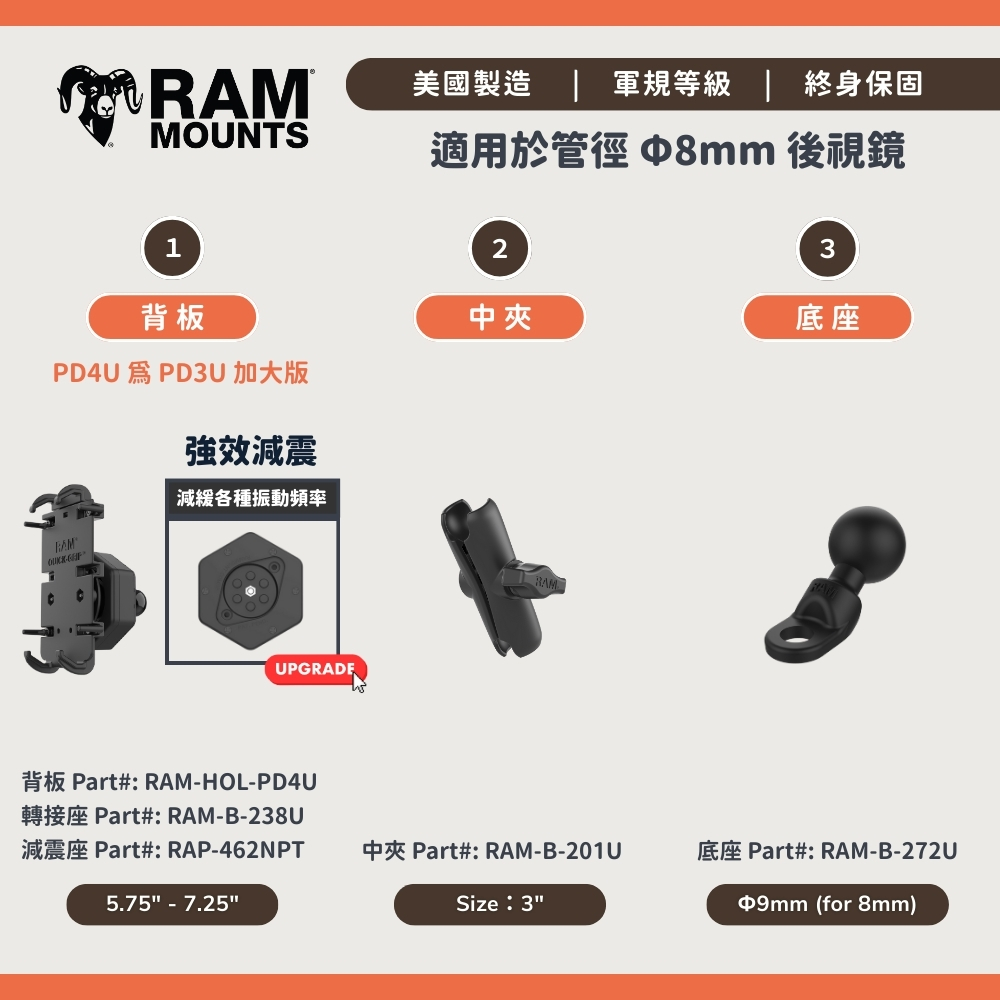 Extreme Series - RAM® Quick-Grip™ 手機支架套組 - 適用於8mm後視鏡
